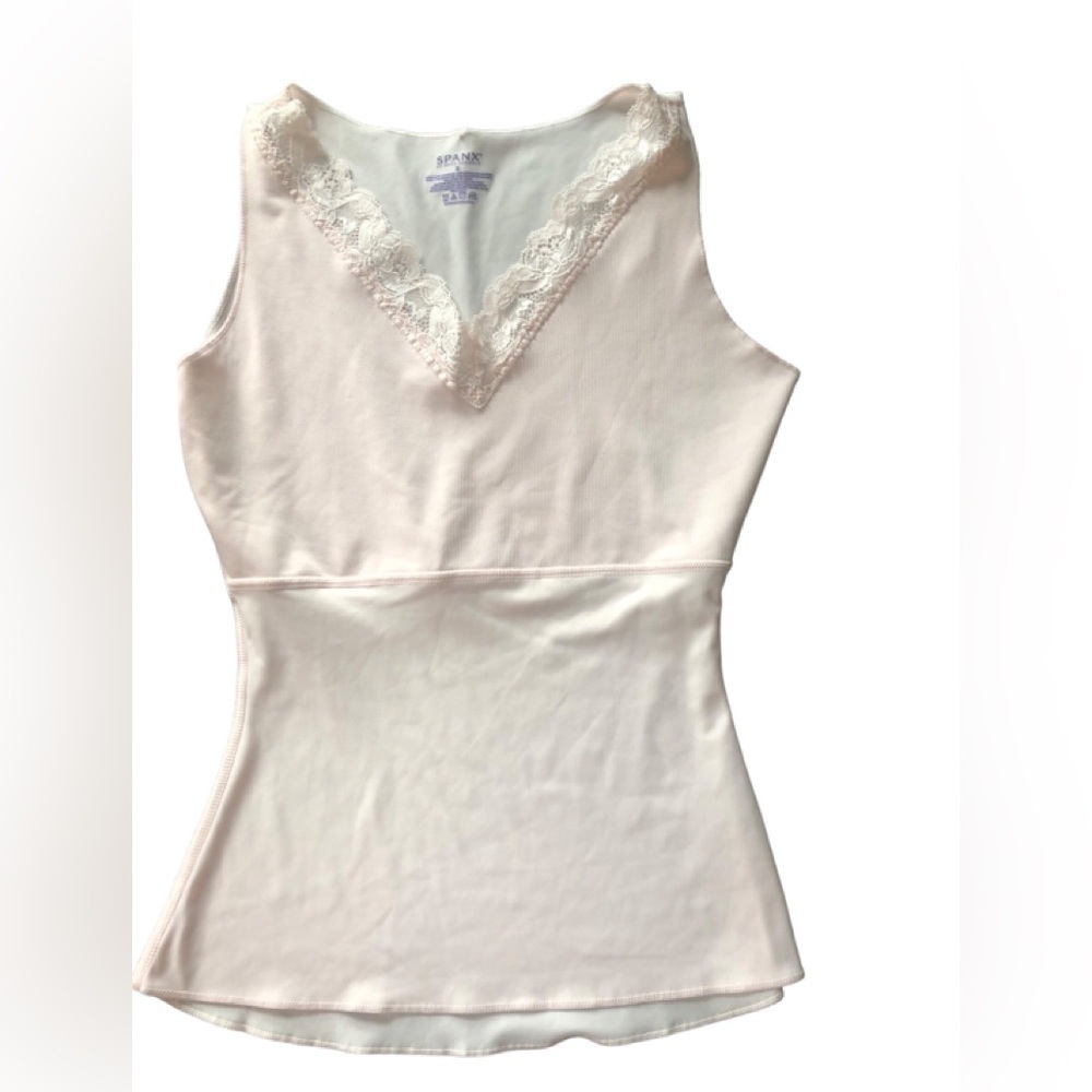 Spanx Tank Cami Shapewear Sz S Light Pink Lace V Neck Slimming Feminine Pretty